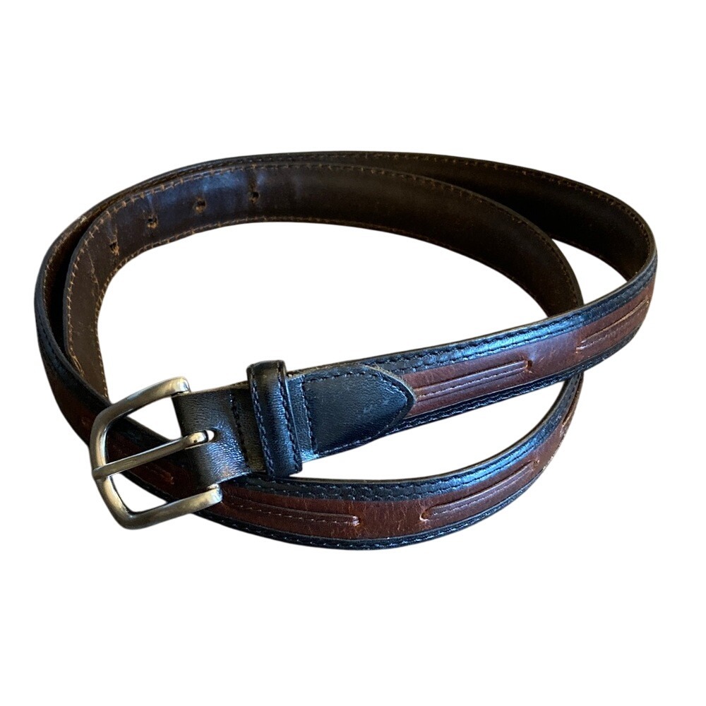 Men's Black Brown Leather Belt Brass Tone Buckle Size 44‎ Classic Timeless